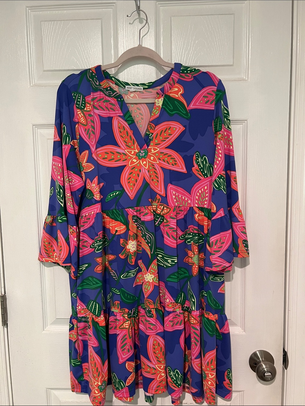 Vibrant Floral Tiered Dress/Coverup - Blue, Pink & Green